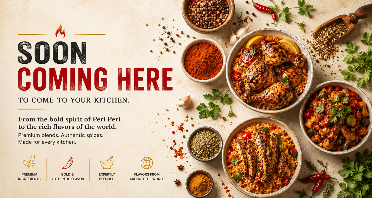 Promotional graphic for a kitchen spice blend product, featuring a large 'SOON COMING HERE' text block on the left and several overhead food photos of prepared dishes and bowls of spices on the right, all on a warm beige background.