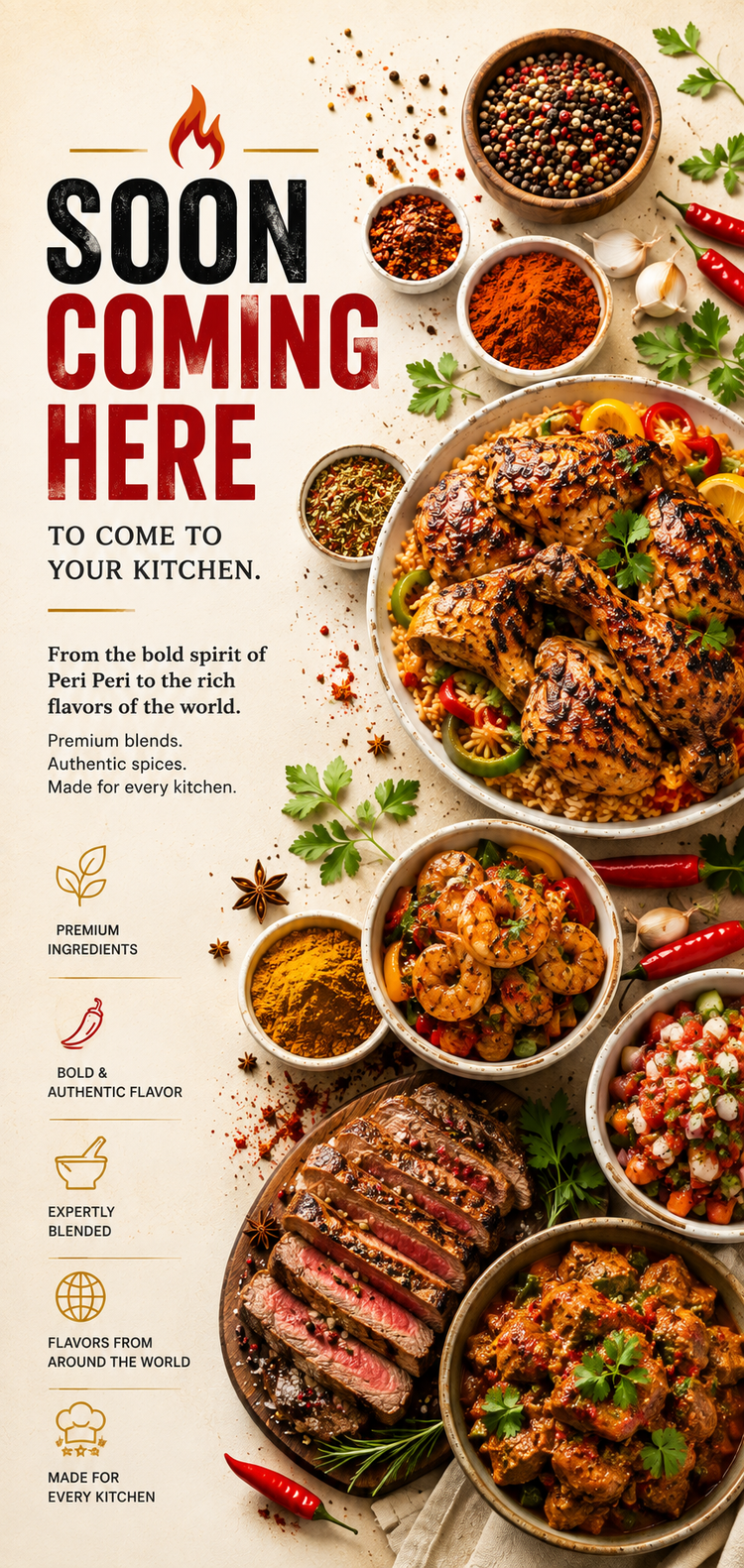 A promotional banner for a food product featuring a beautifully arranged spread of cooked meats, seafood, and colorful spices in small bowls, with large text reading 'SOON COMING HERE' on a warm beige background.